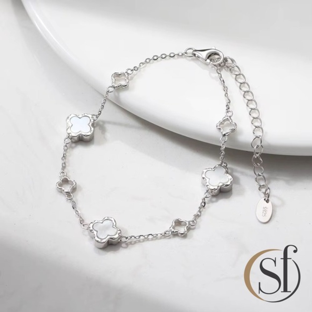 925 Sterling Silver 4 Leaf Clover Shell Charm Station Bracelet 6.5-8"